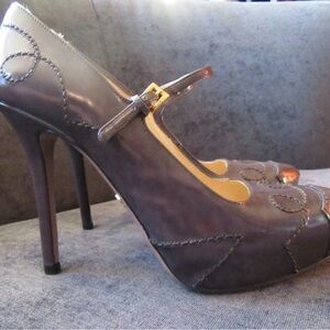 Prada Leather Mary Jane High Heel Pumps with Gold Buckle